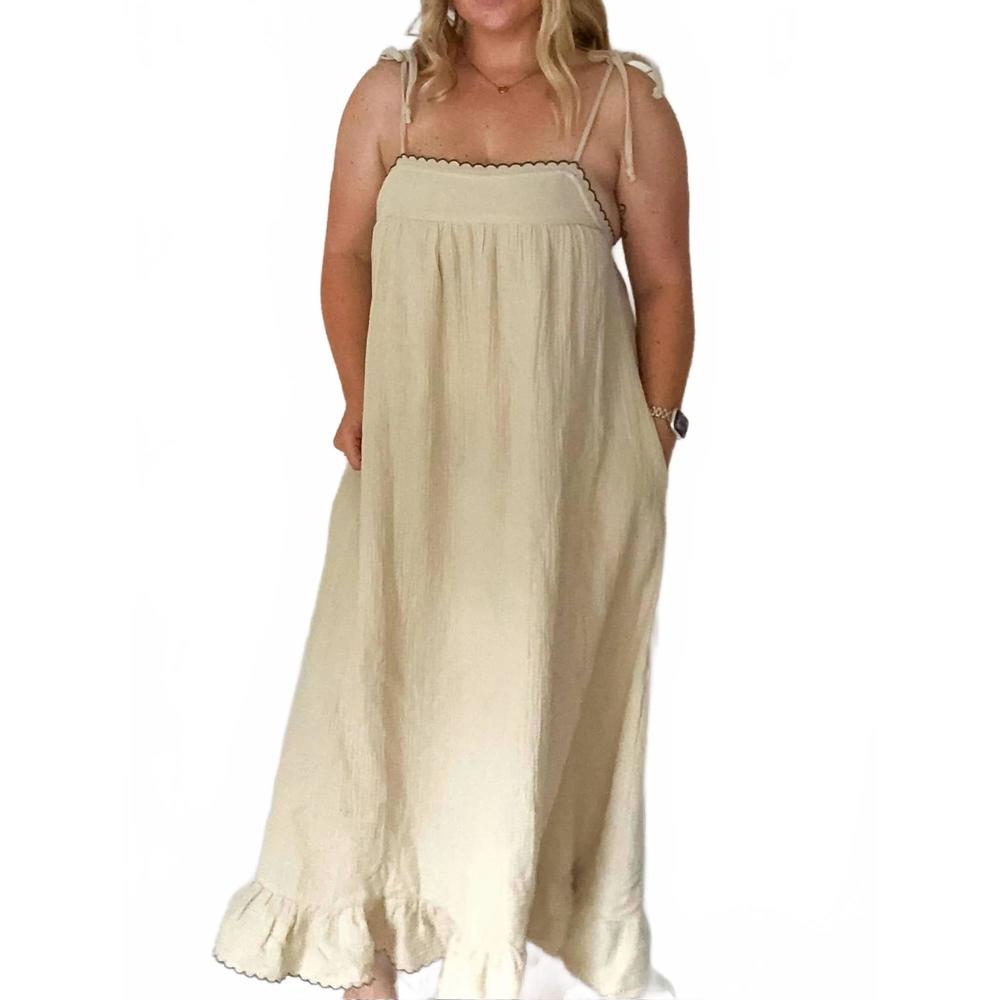 Neutral Cream Tie-Shoulder Maxi Dress with Ruffle Hem